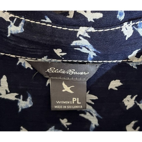 Eddie Bauer Bird Print‎ Crinkle Semi Sheer Button Up Top Womens Size PL Blue - Picture 3 of 11